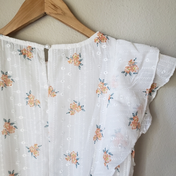 White Eyelet Embroidered Floral Flutter Sleeve Tiered Skirt Cotton Dress - Picture 11 of 16